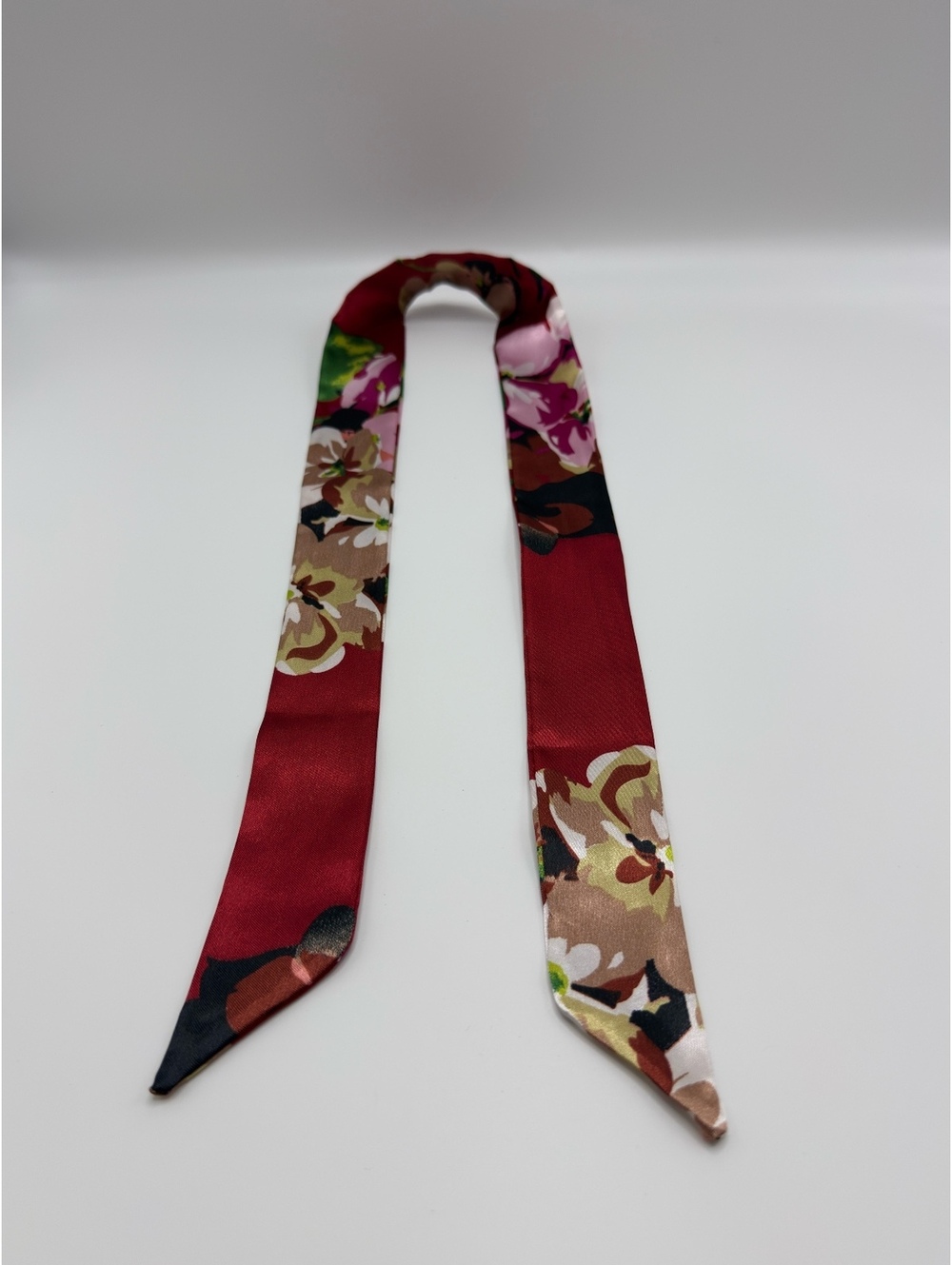 Floral Patterned Narrow Scarf in Red and Multicolor